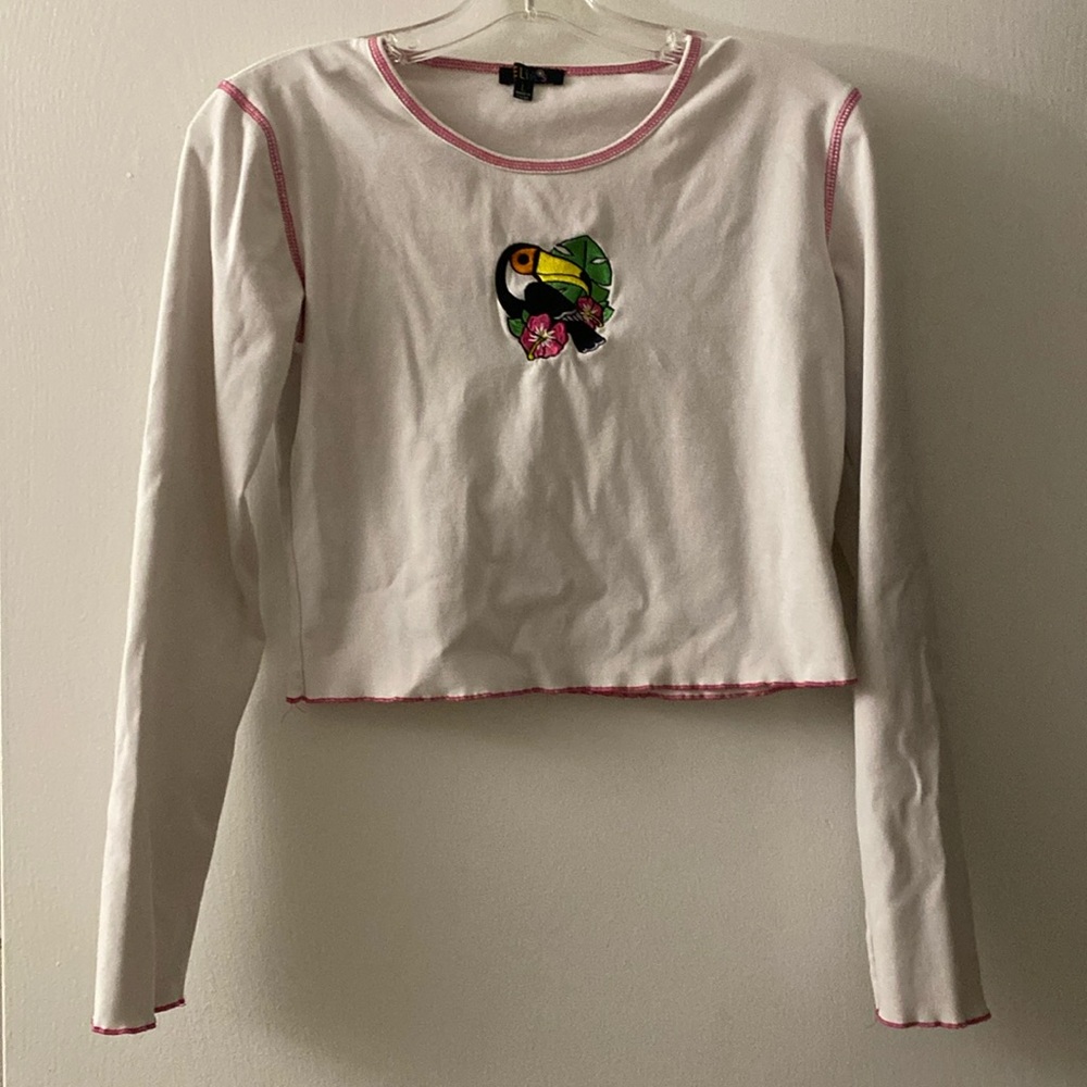 Dollskill Delia’s Toucan Embroidered Long-sleeved Crop Top